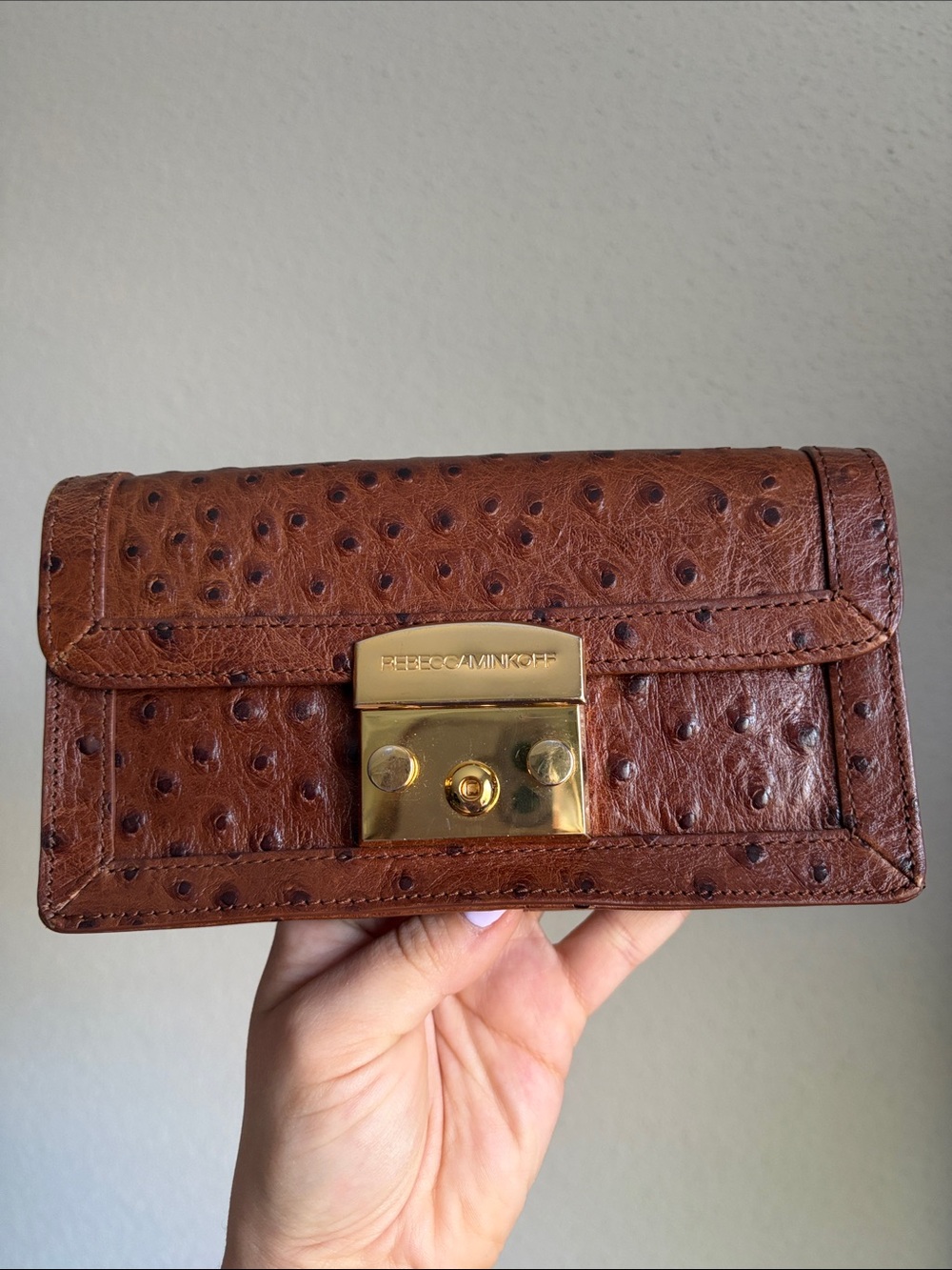 Rebecca Minkoff Brown Ostrich-Texture Leather Wallet Clutch with Gold Lock